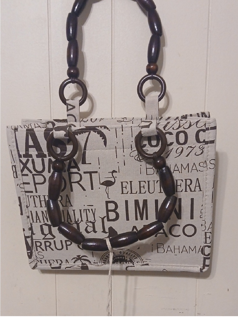 Canvas Text-Print Tote with Wooden Bead Handles - Cream/Brown